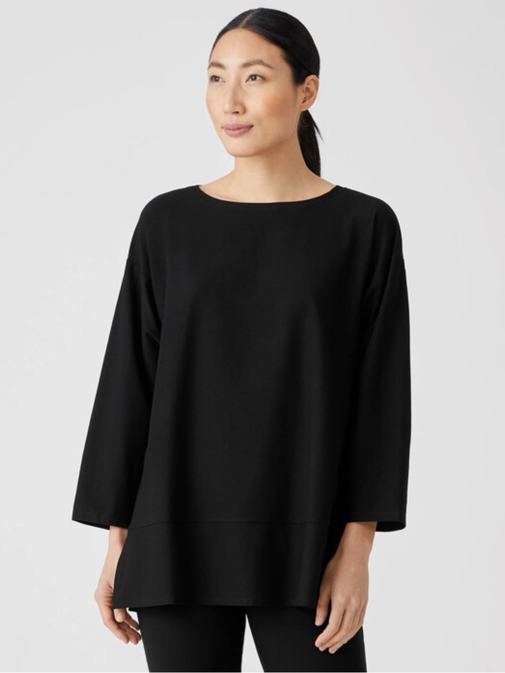 Eileen Fisher Lightweight Washable Stretch Crepe Black Top SZ L
